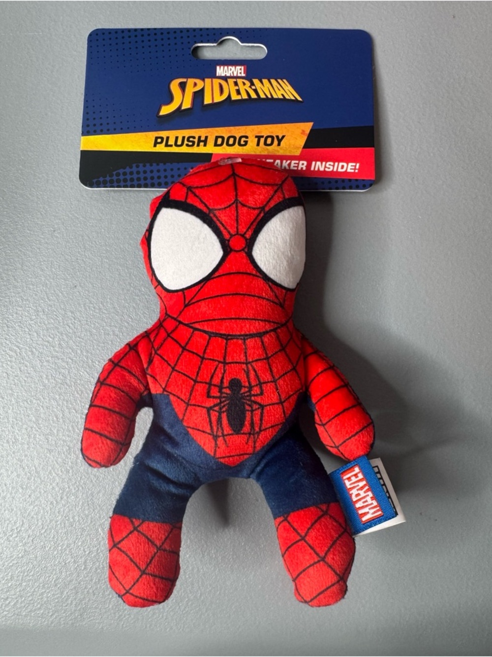Marvel Spider-Man Red and Navy Plush Dog Toy plush with squeaker inside